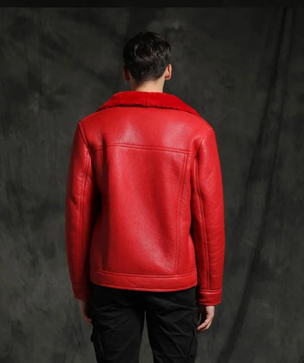 Red Real Leather Shearling Bomber Jacket