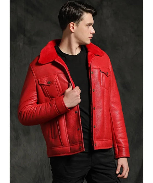 Red Real Leather Shearling Bomber Jacket