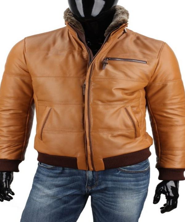 Mens Real Lambskin Leather Bomber Shearling Jacket