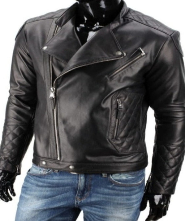 Black Quilted Leather Jacket for Men | Men's Biker Moto Jacket