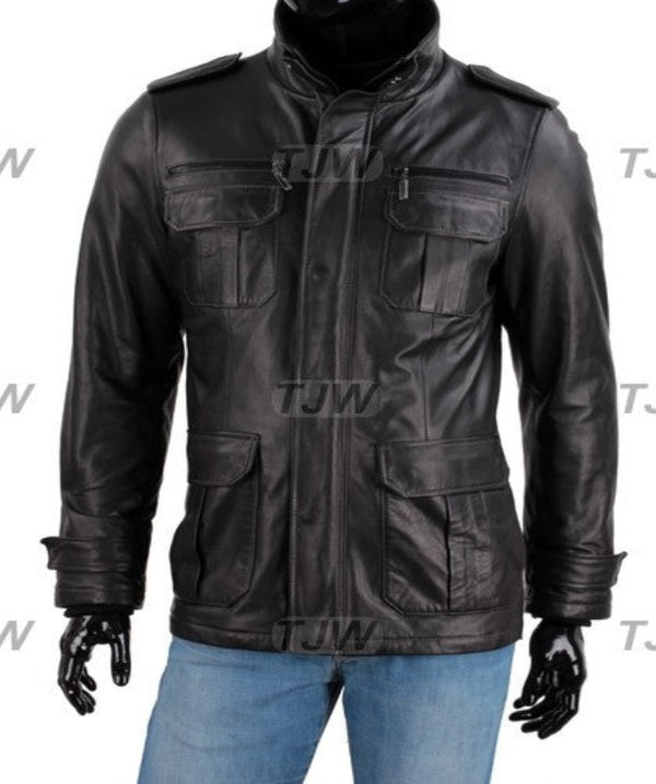 Mens Black Real Leather Cafe Racer Jacket