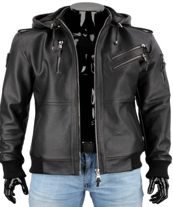 Mens Hooded Leather Jacket