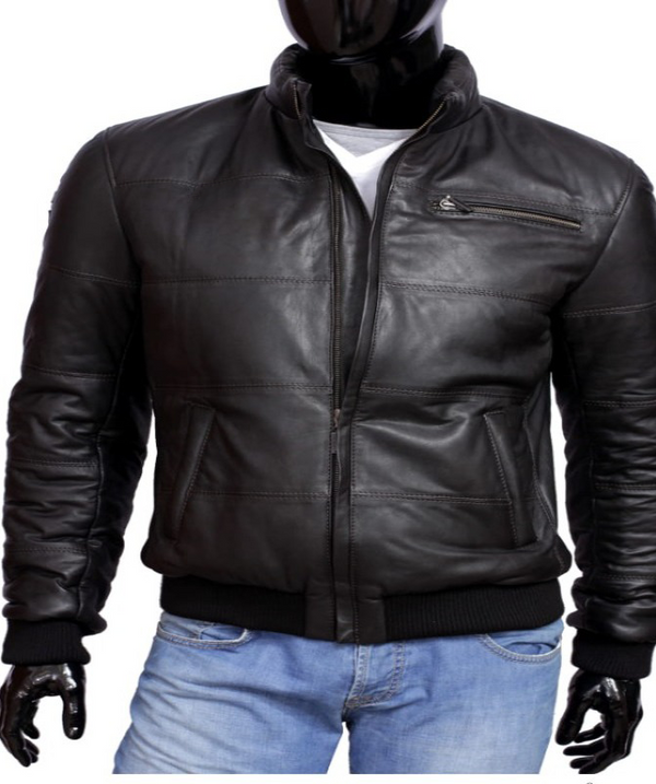 Mens Black Genuine Leather Bomber Jacket