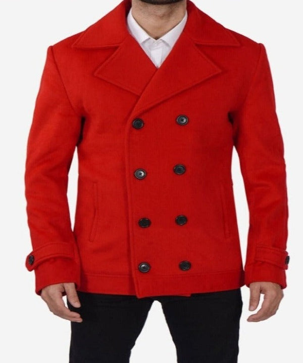 Mens Red Wool Peacoat for Christmas