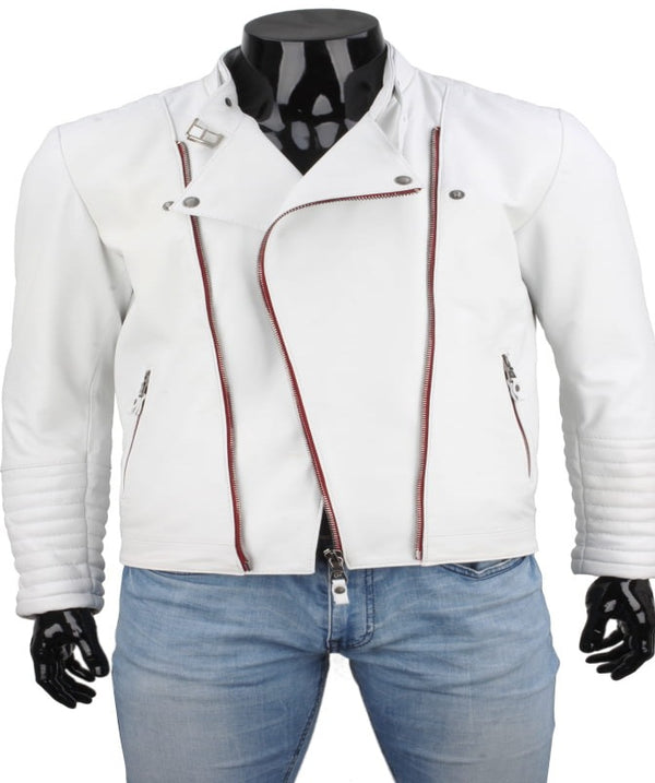 Mens White Faux Leather Motorcycle Jacket