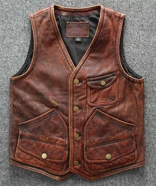 Mens Lambskin Leather Brown Vintage Vest