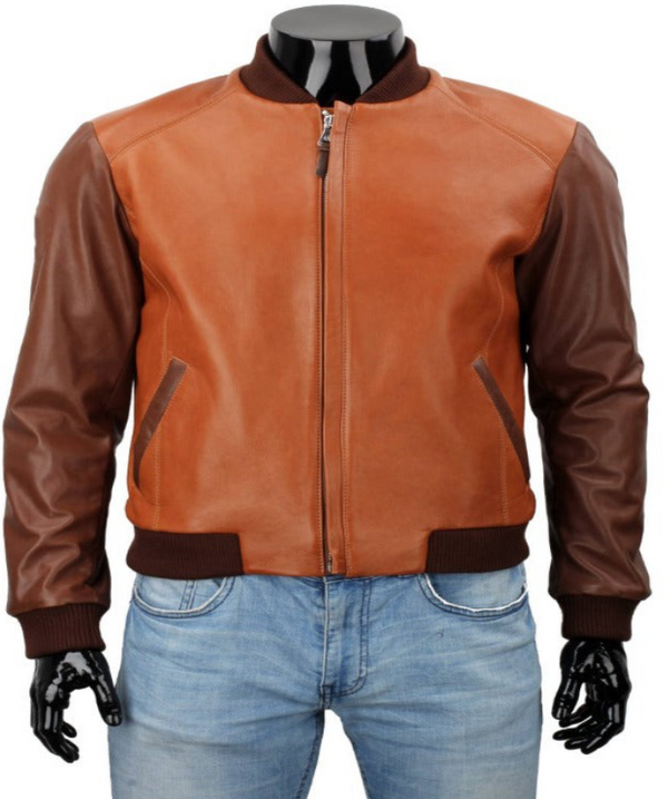 Two Tone Genuine Leather Bomber Jacket for Men