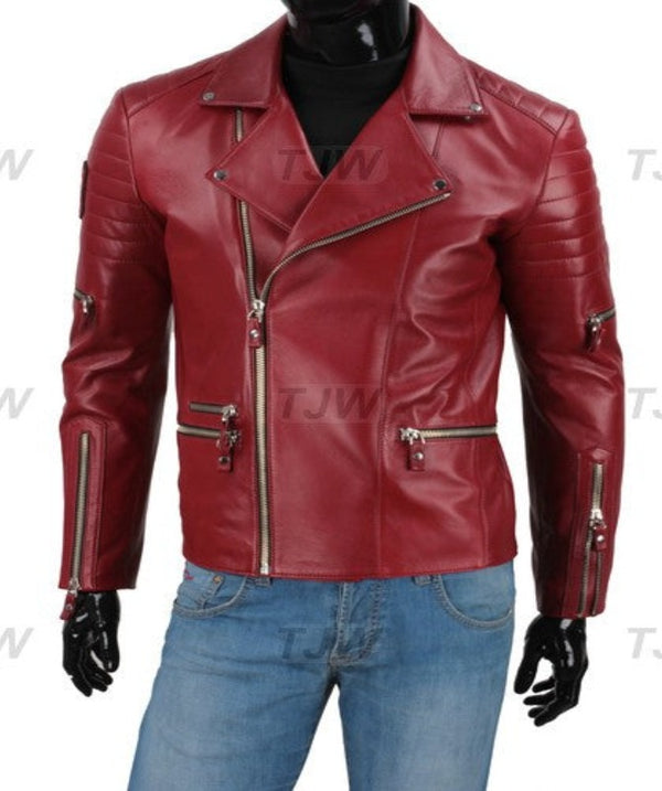 Mens Red Real Lambskin Leather Biker Jacket