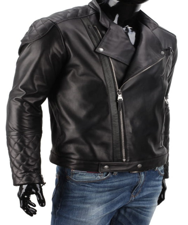 Black Quilted Leather Jacket for Men | Men's Biker Moto Jacket