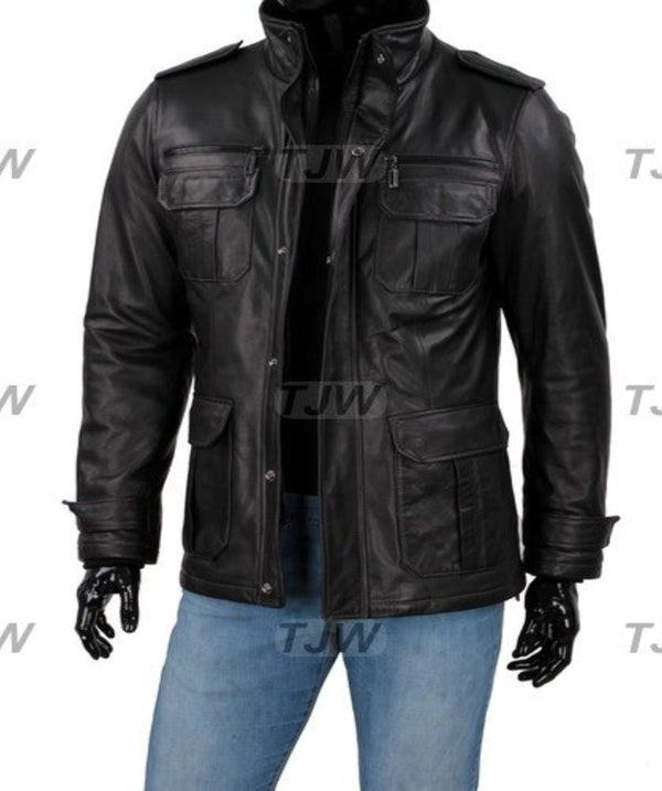 Mens Black Real Leather Cafe Racer Jacket