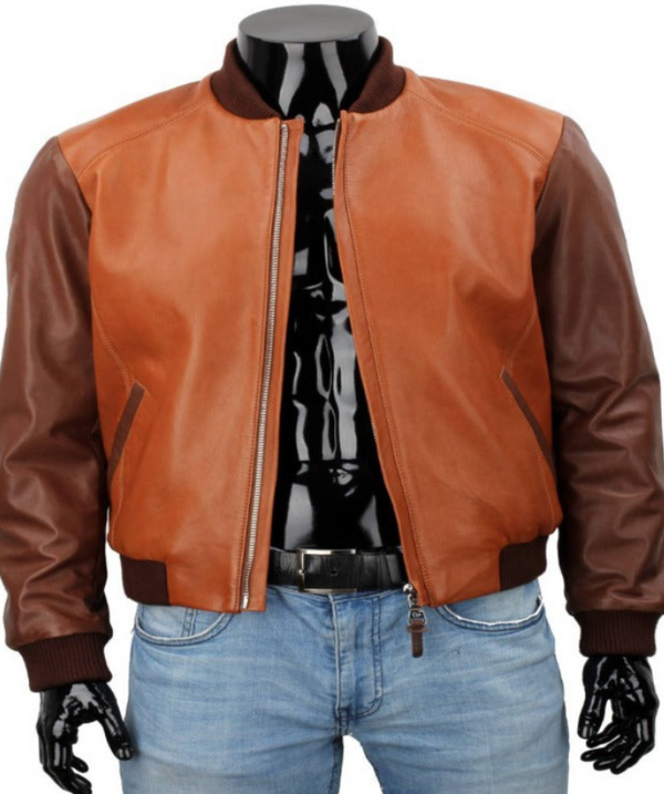 Two Tone Genuine Leather Bomber Jacket for Men