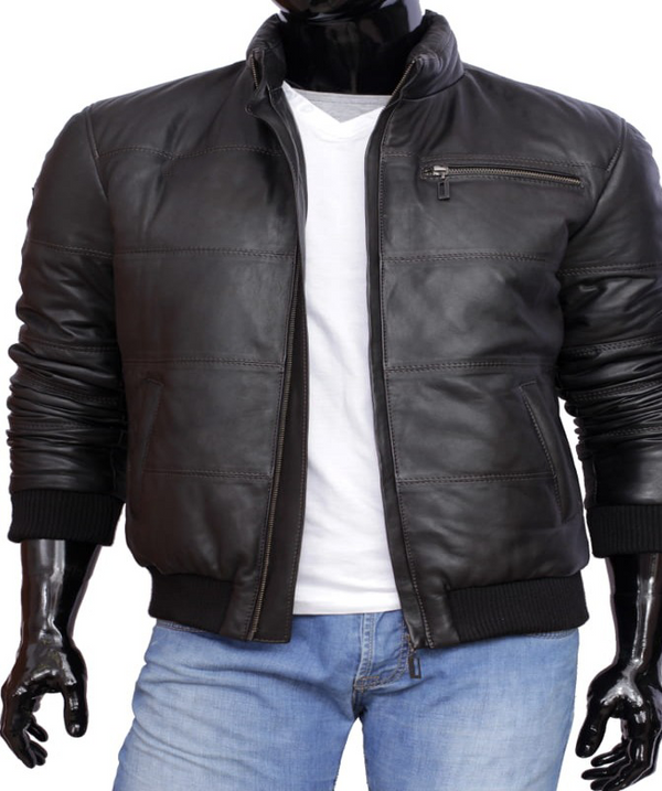 Mens Black Genuine Leather Bomber Jacket