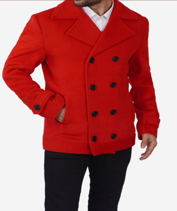 Mens Red Wool Peacoat for Christmas