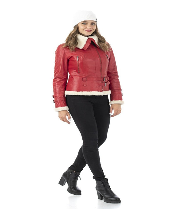 Red Genuine Sheepskin Leather Aviator Jacket for Women