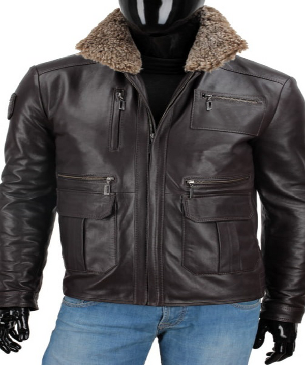 Mens Dark Brown Leather Shearling Biker Jacket