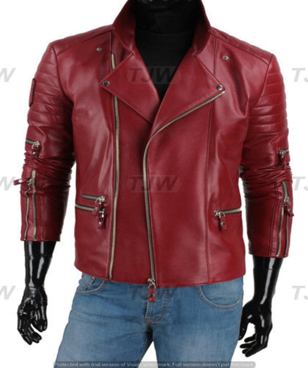 Mens Red Real Lambskin Leather Biker Jacket