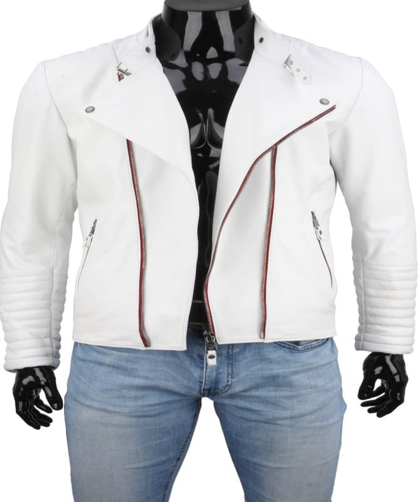 Mens White Faux Leather Motorcycle Jacket